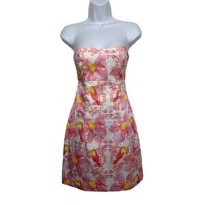 Kaeli Smith Women's size 0 Pink Toucan Bird Print Strapless Mini Dress Lined